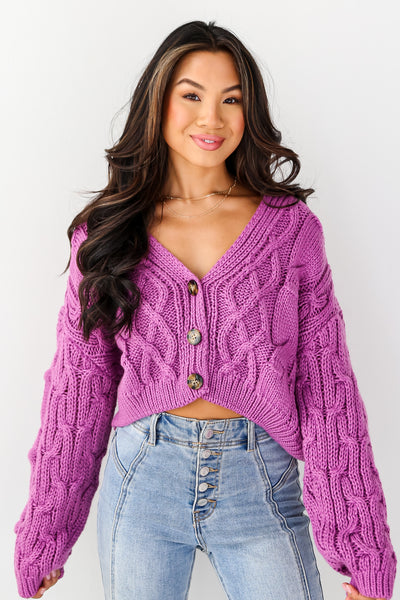 Purple Cable Knit Sweater Cardigan front view