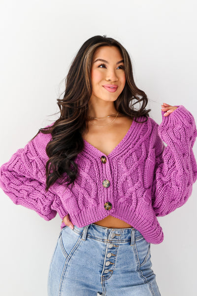 Purple Cable Knit Sweater Cardigan on model
