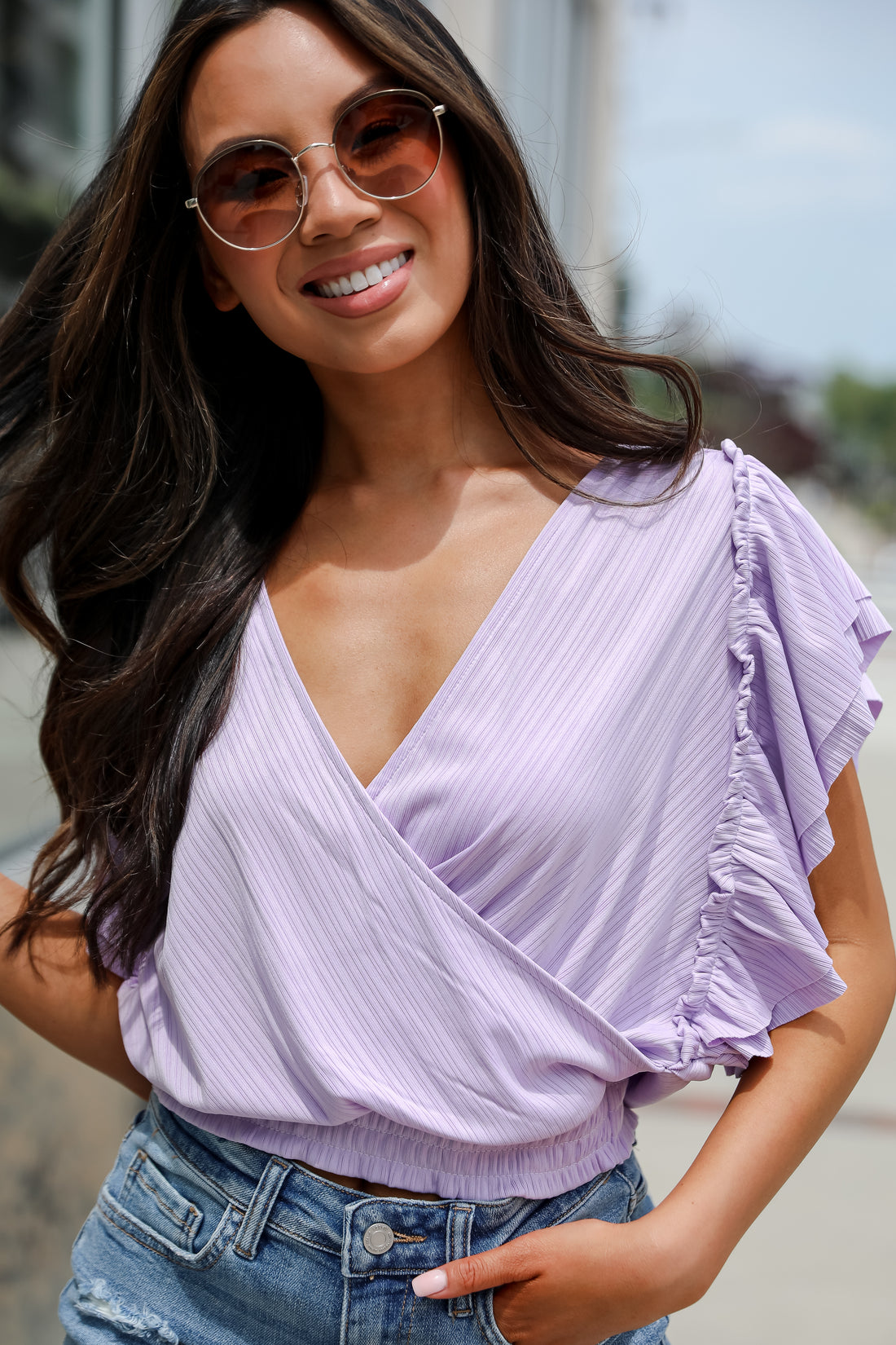 Say It Back Lavender Surplice Top