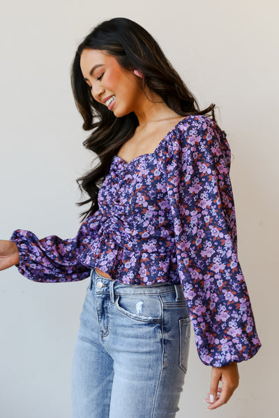 trendy Purple Floral Cropped Blouse