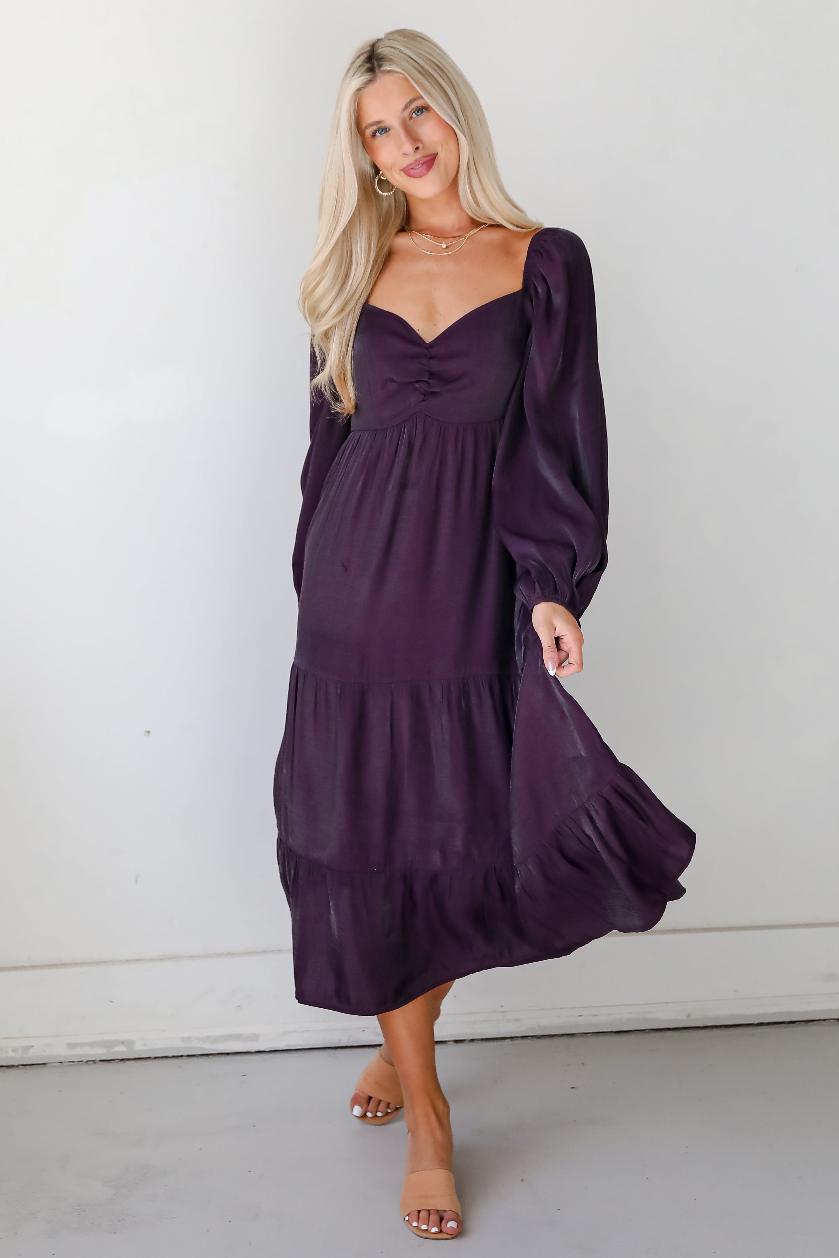 Exquisite Marvel Plum Tiered Midi Dress