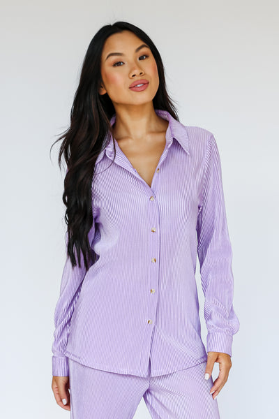 purple Plisse Button-Up Blouse front view