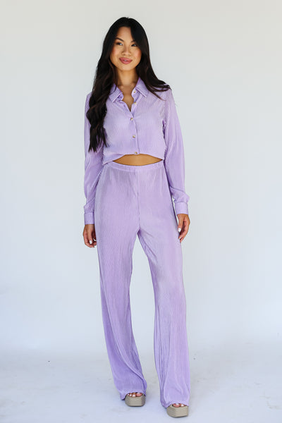 purple Satin Plisse Pants on model