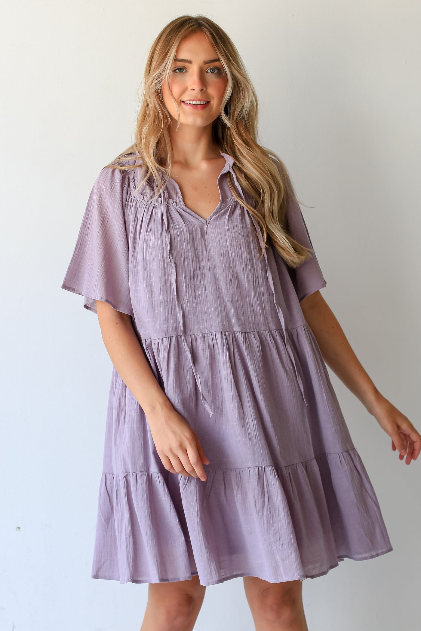 purple Tiered Mini Dress on dress up model
