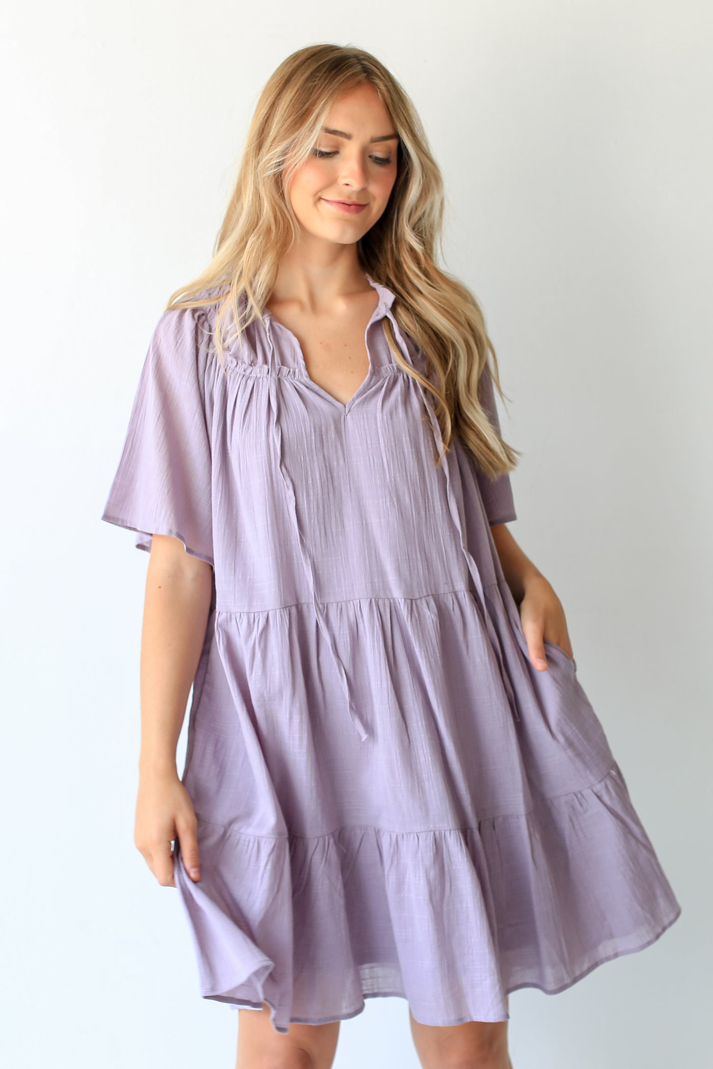 purple Tiered Mini Dress on model