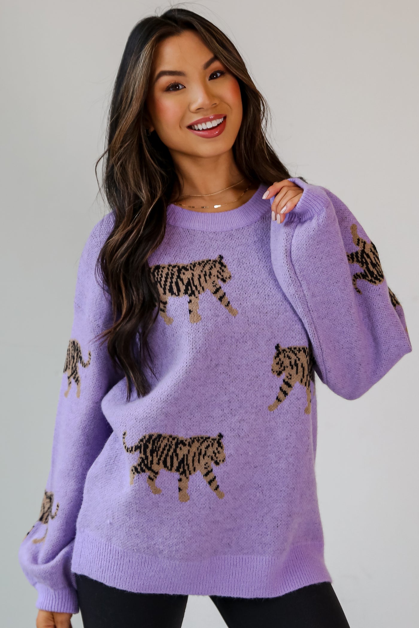 Lavender Tiger Oversized Sweater on model