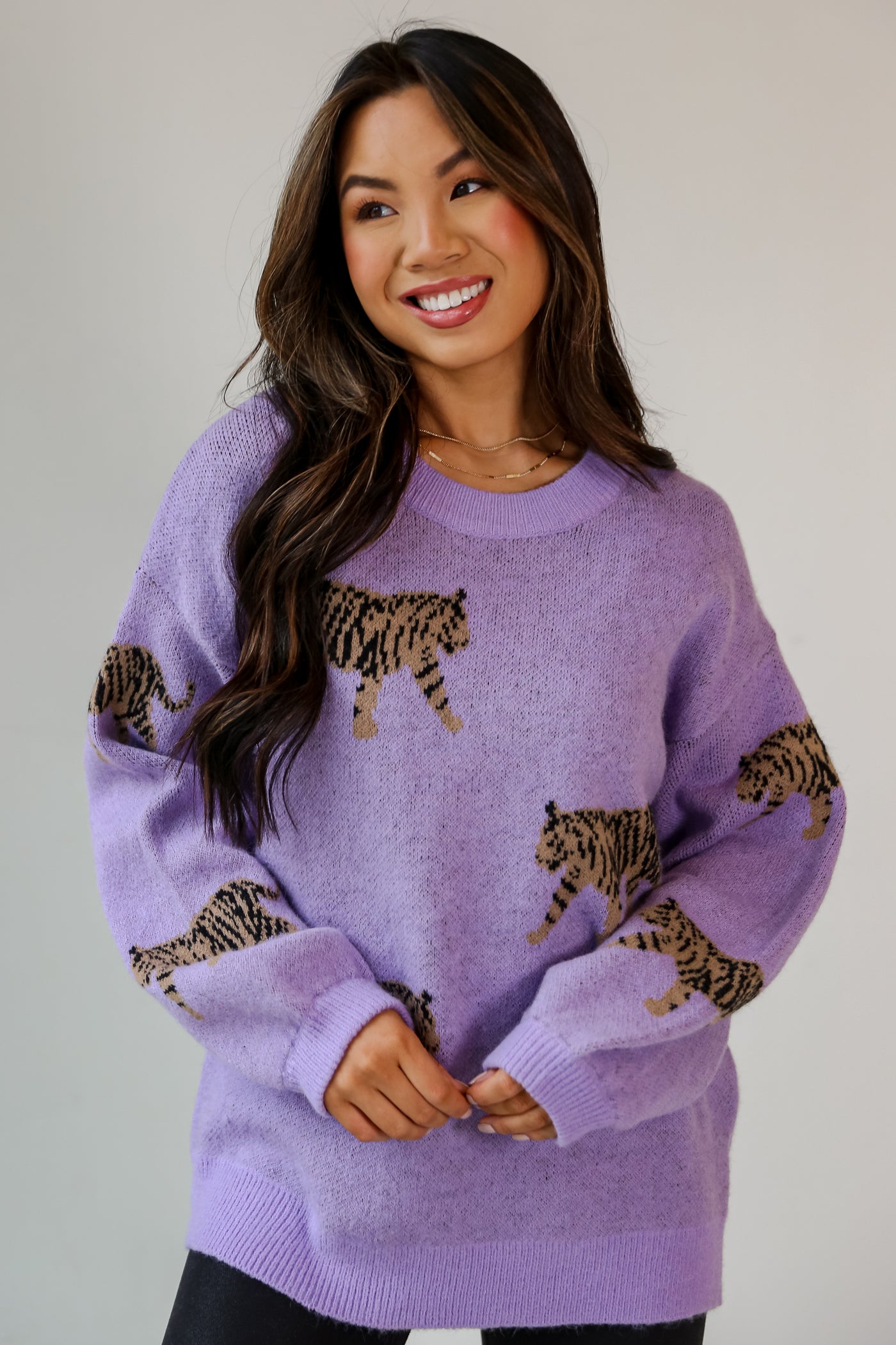 Lavender Tiger Oversized Sweater on model