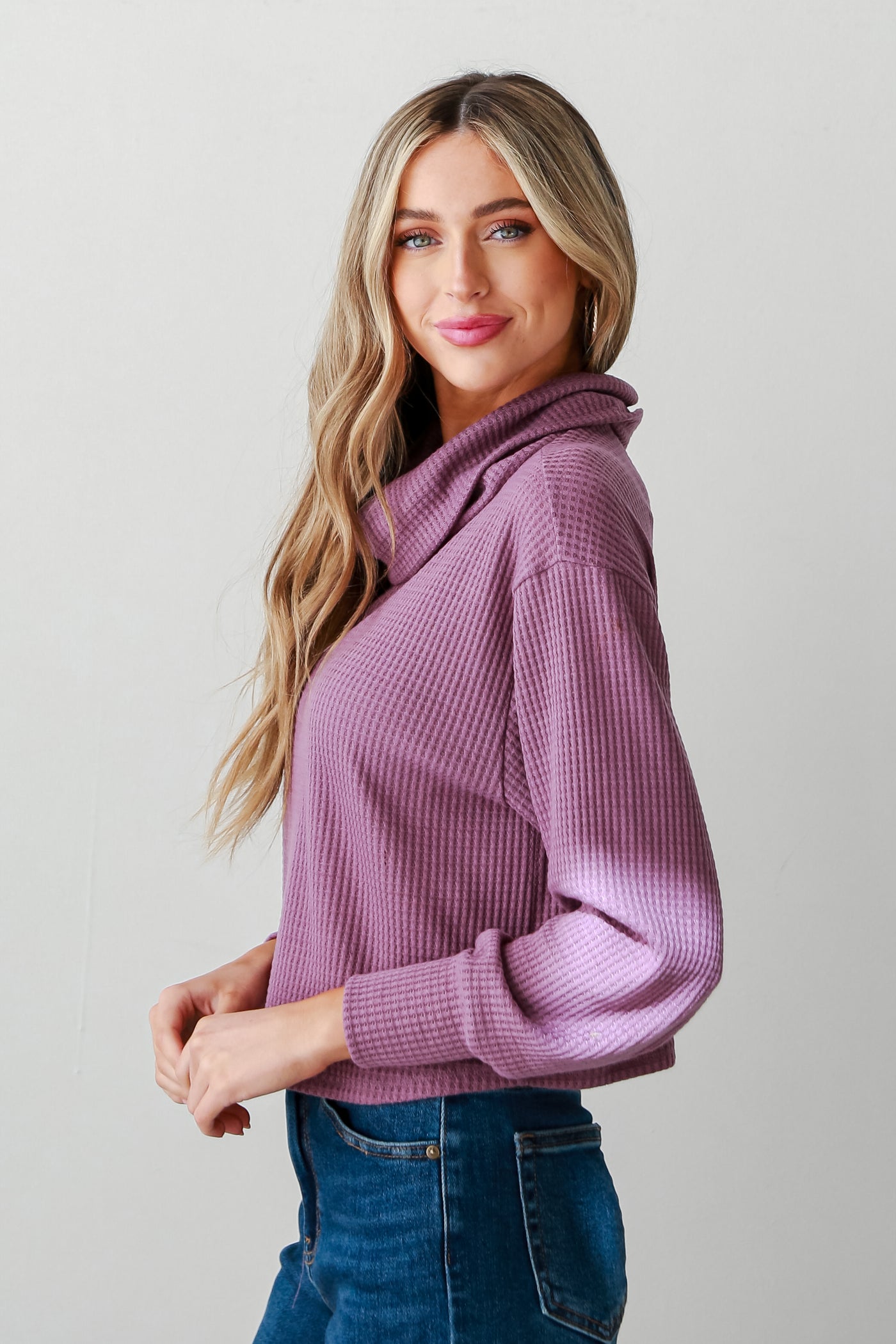 cropped Plum Waffle Knit Turtleneck Top