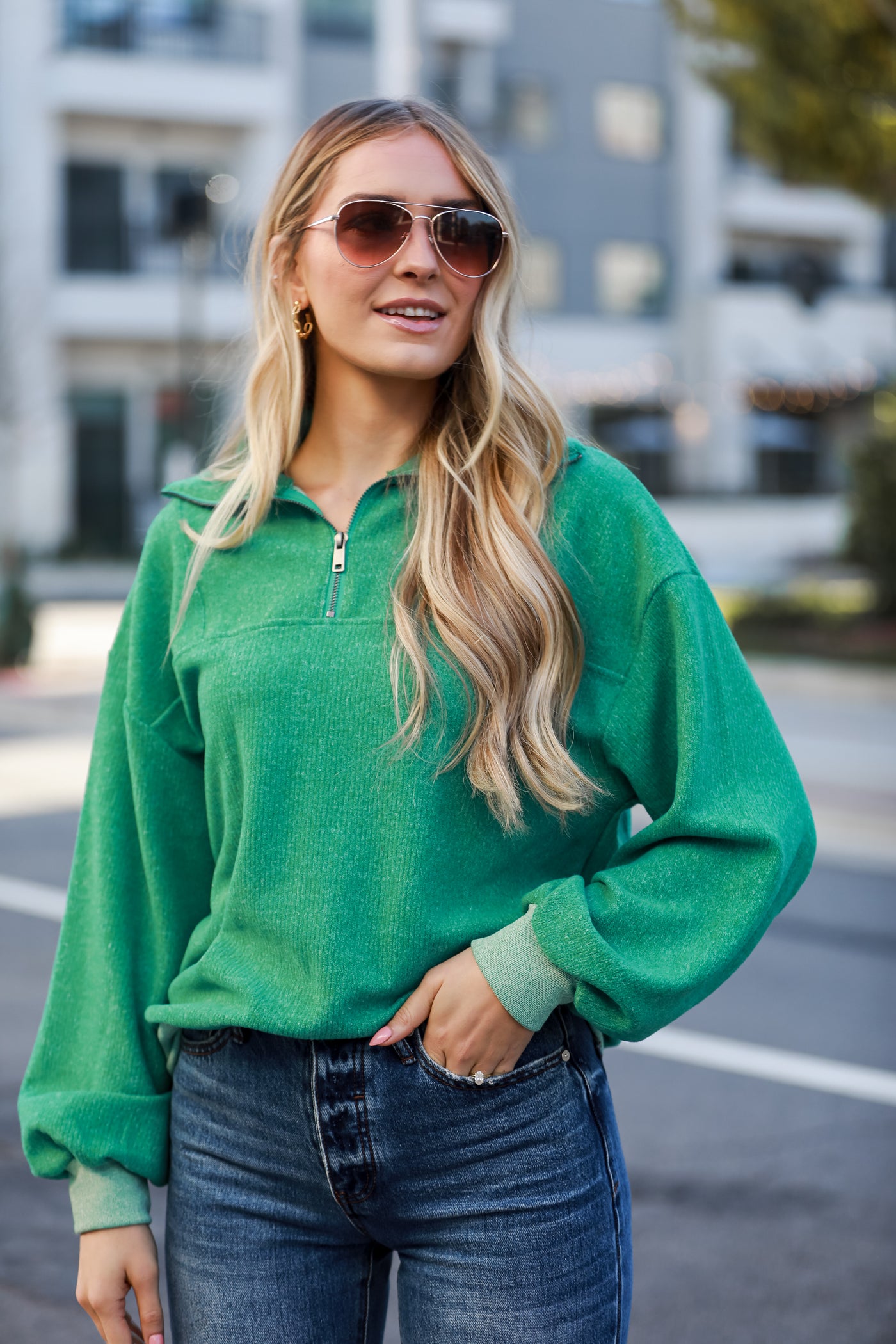 green Brushed Ribbed Knit Quarter Zip Pullover