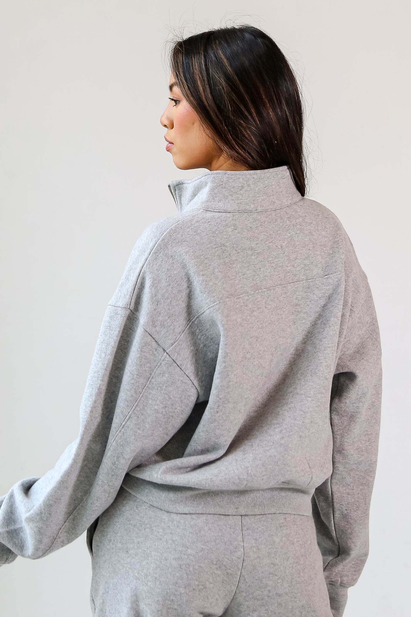 grey Fleece Quarter Zip Pullover back view