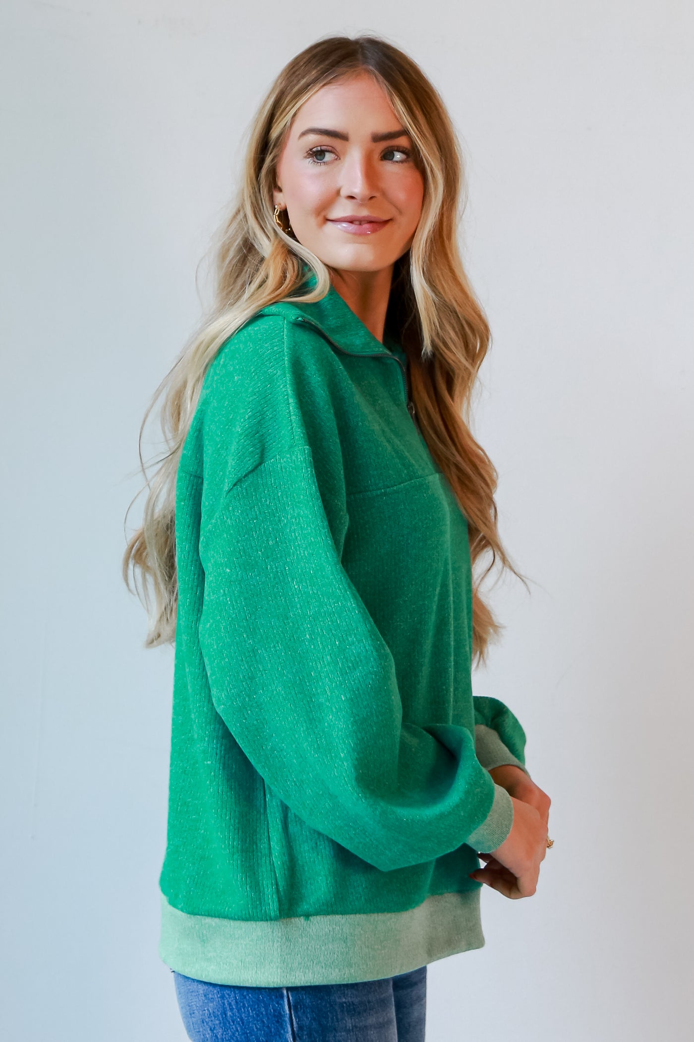 oversized green Brushed Ribbed Knit Quarter Zip Pullover