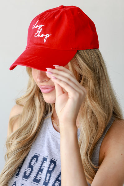 Red Chop Chop Script Embroidered Hat on model