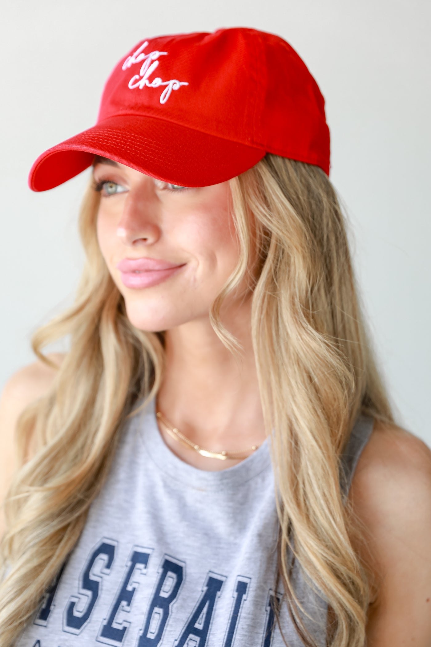 Red Chop Chop Script Embroidered Hat close up