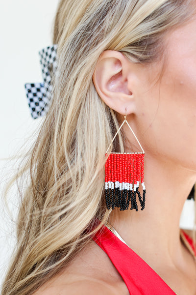 Red + Black Beaded Fringe Earrings on dress up model