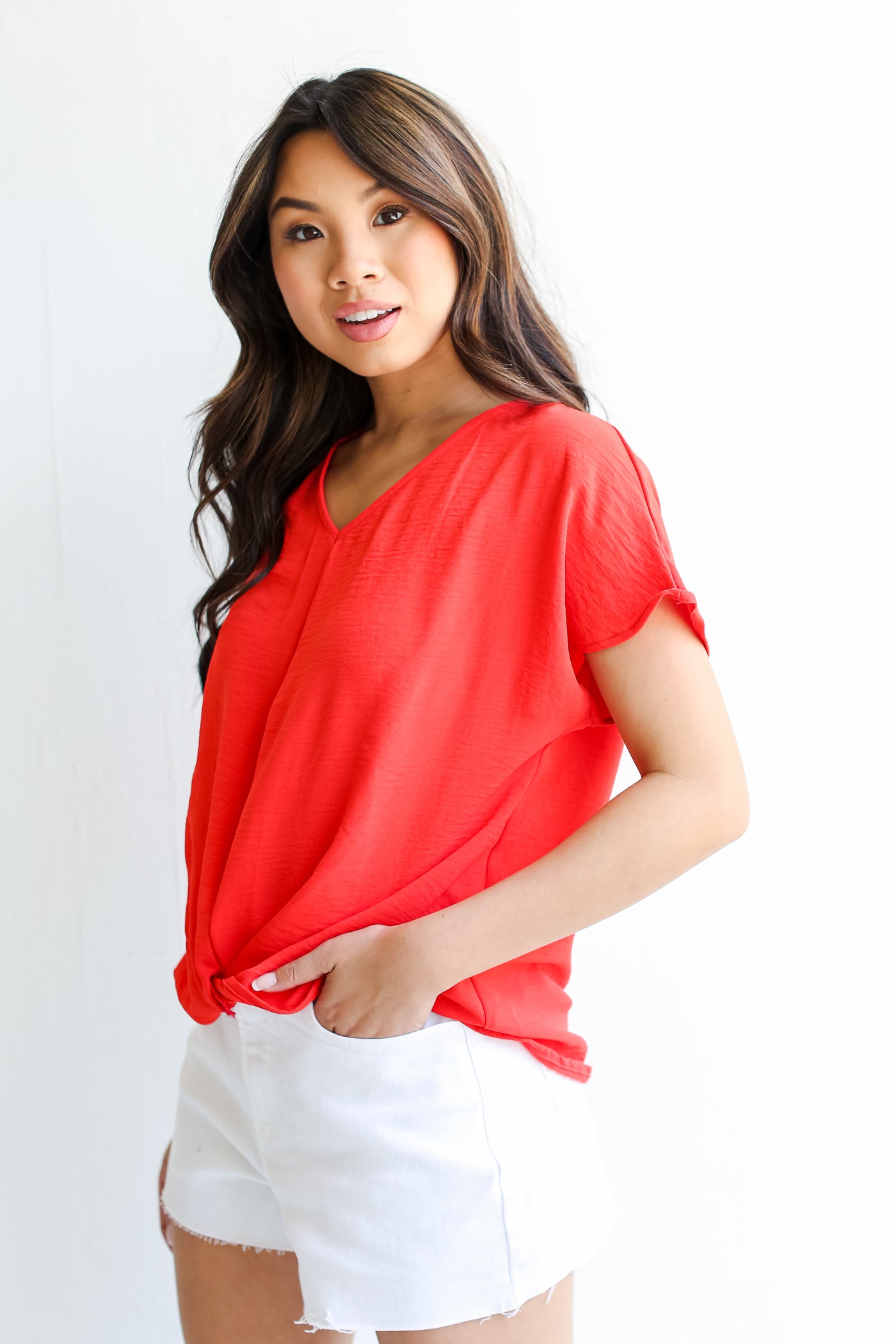 red Twist Front Blouse side view