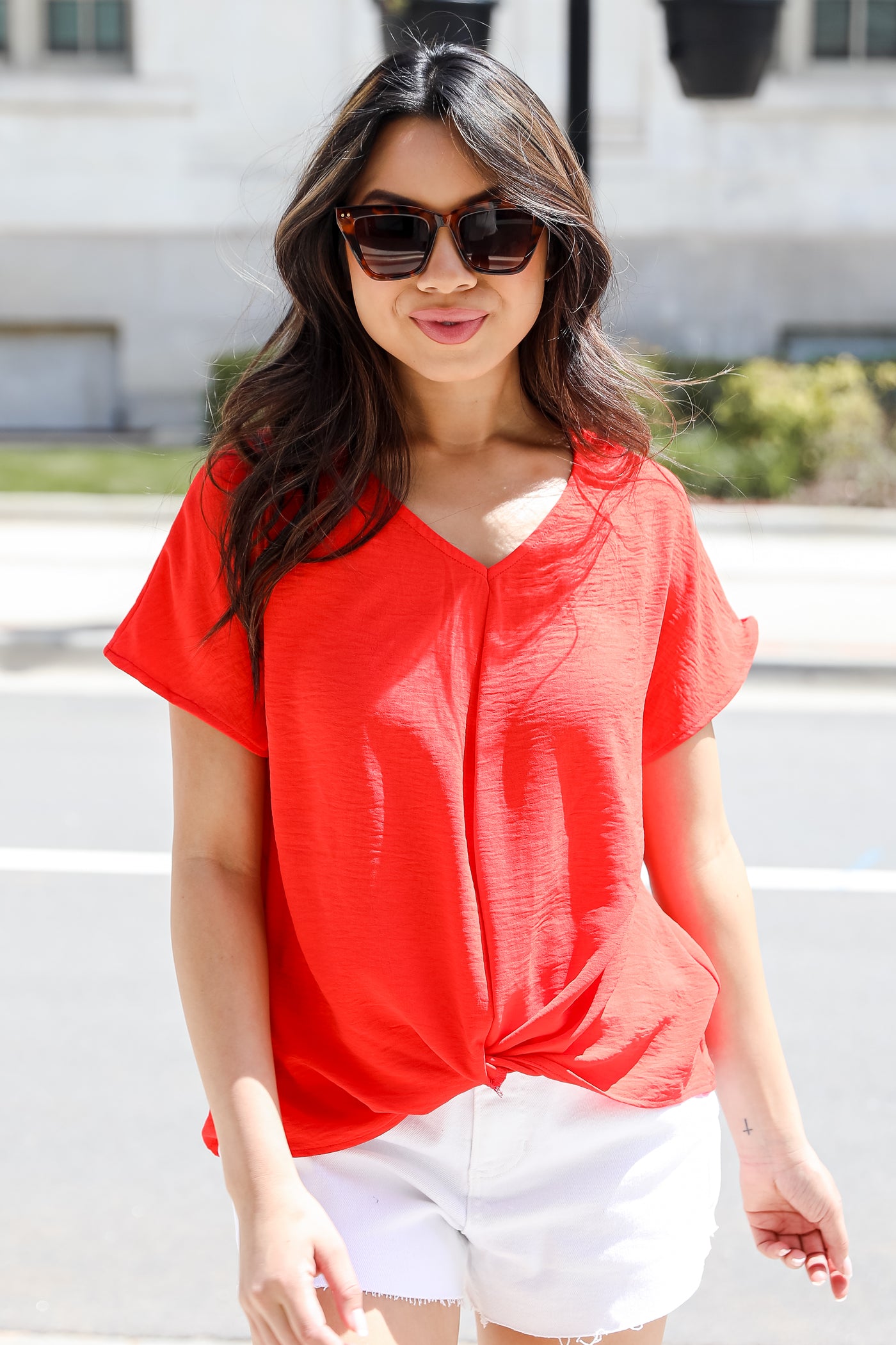 red Twist Front Blouse on model