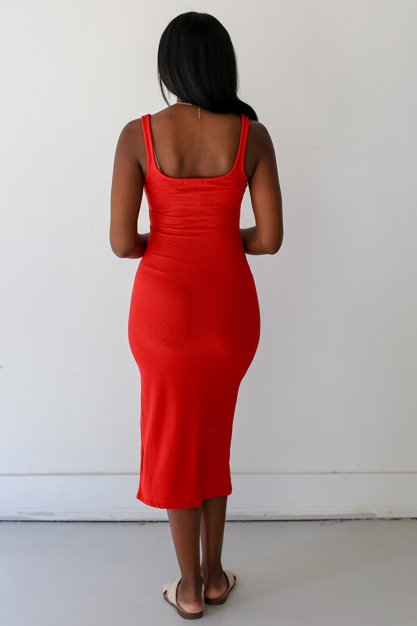 red Ribbed Bodycon Midi Dress back view