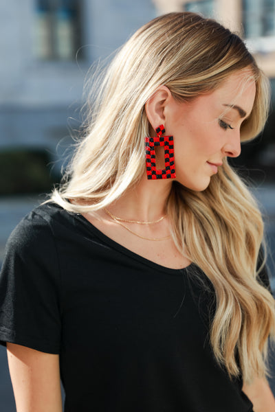 Red + Black Checkered Beaded Statement Earrings on model