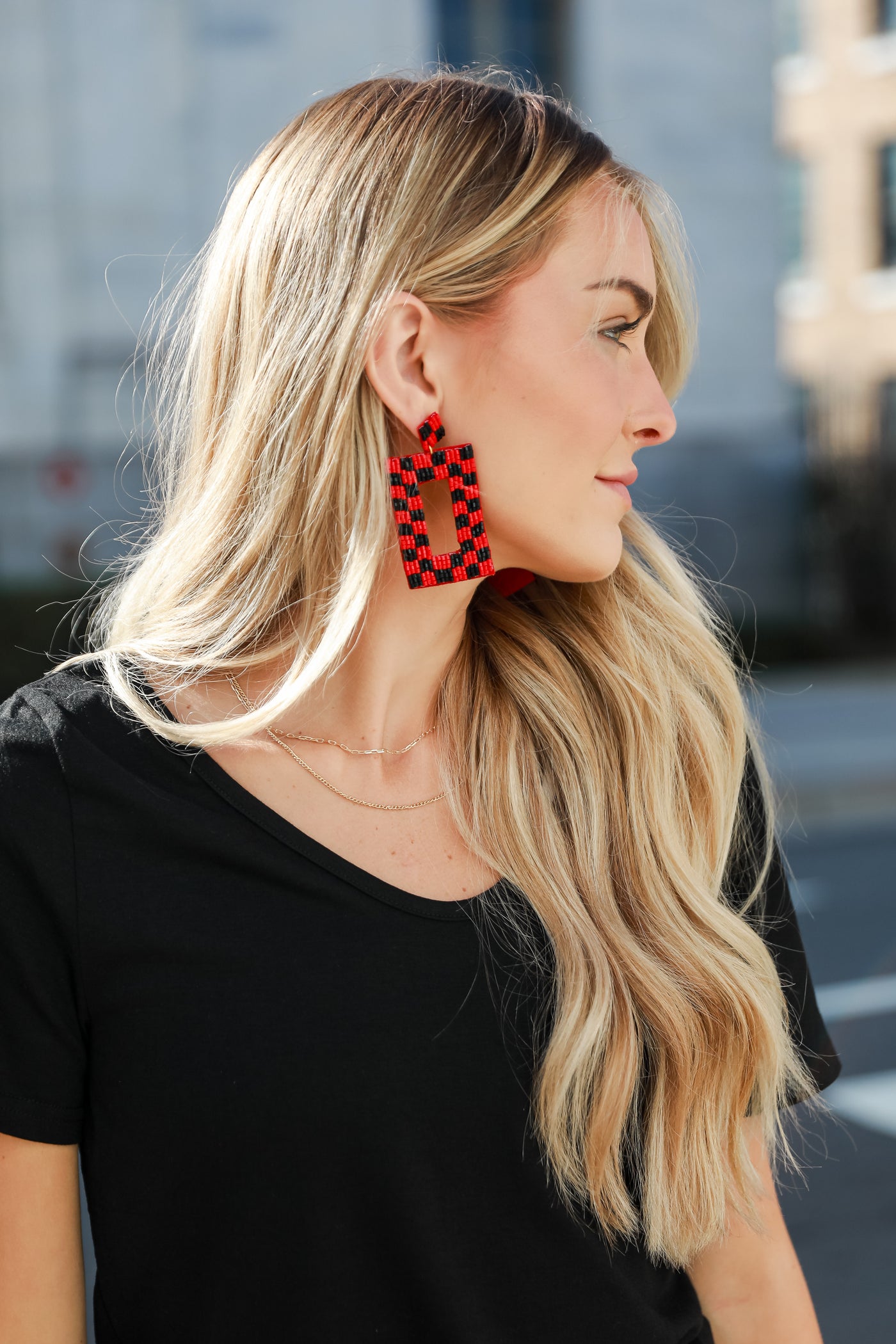 Red + Black Checkered Beaded Statement Earrings close up