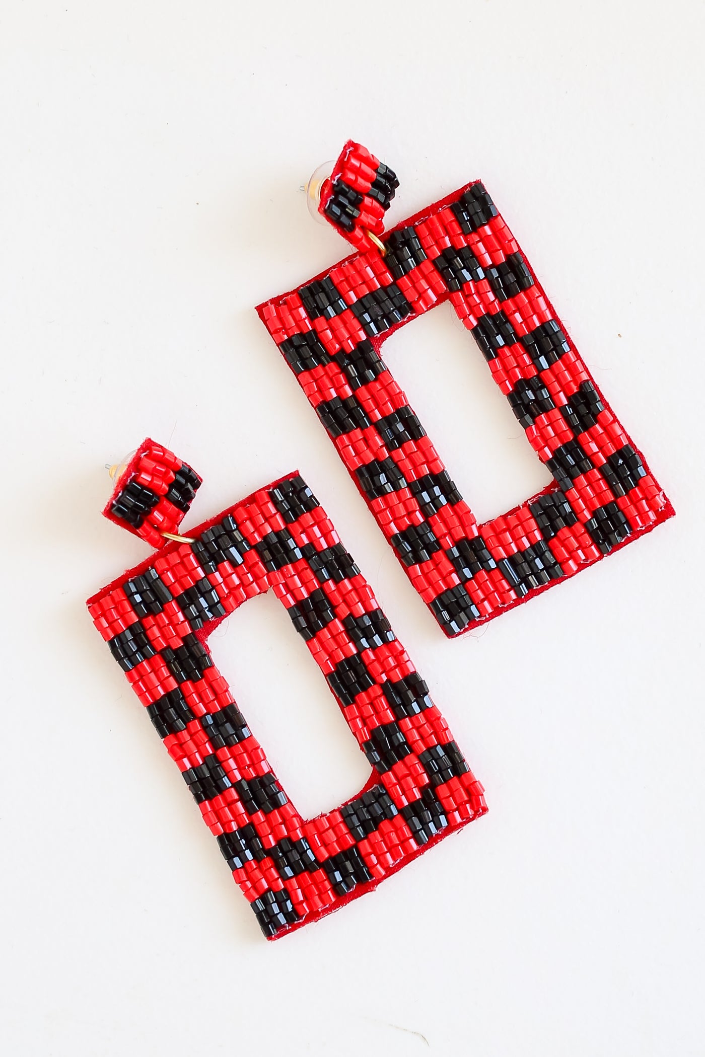 Red + Black Checkered Beaded Statement Earrings flat lay