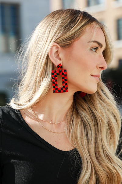 Red + Black Checkered Beaded Statement Earrings on dress up model