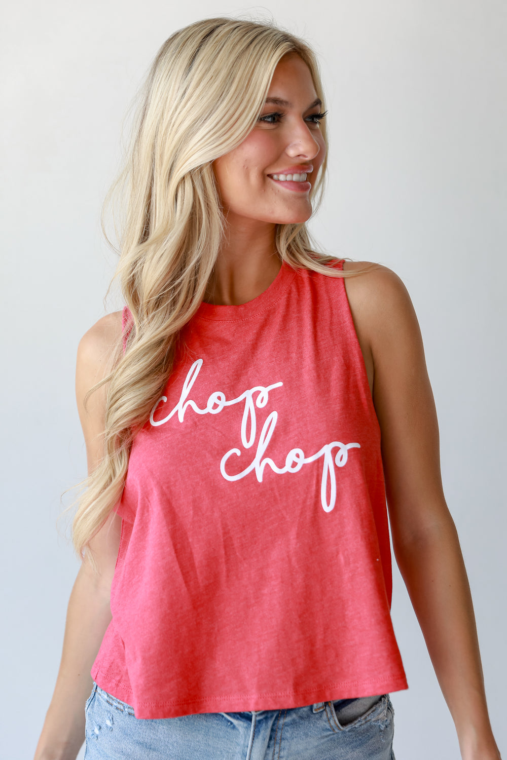 Red Chop Chop Muscle Tank on model