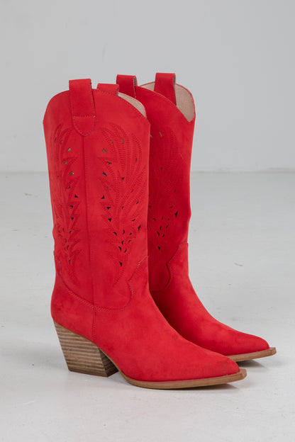 Pair of red cowboy boots on a light gray background