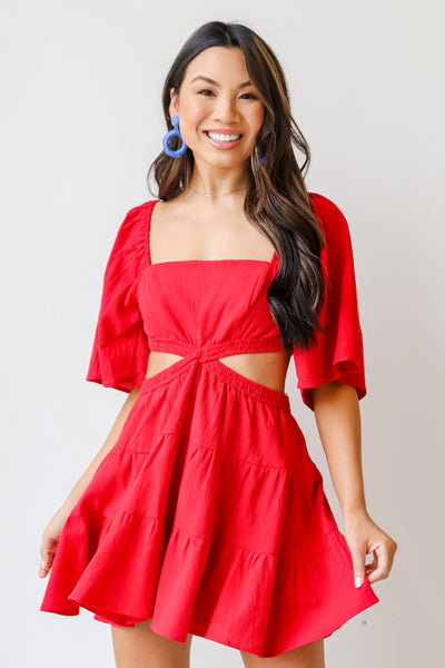 red Cutout Tiered Mini Dress on model