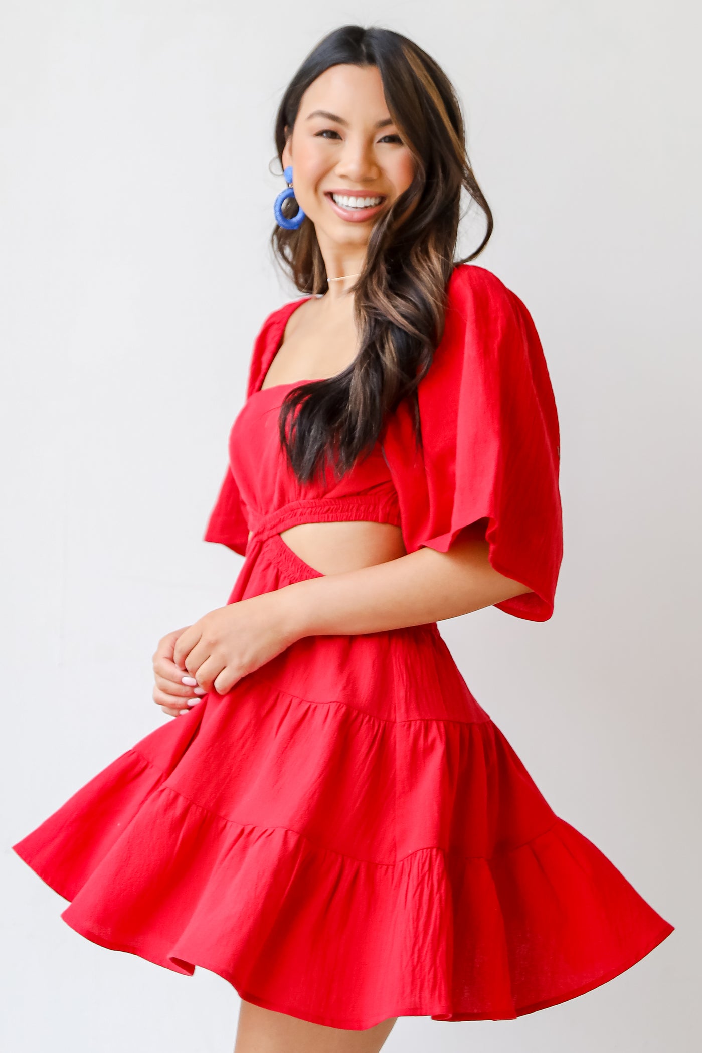 red Cutout Tiered Mini Dress on dress up model