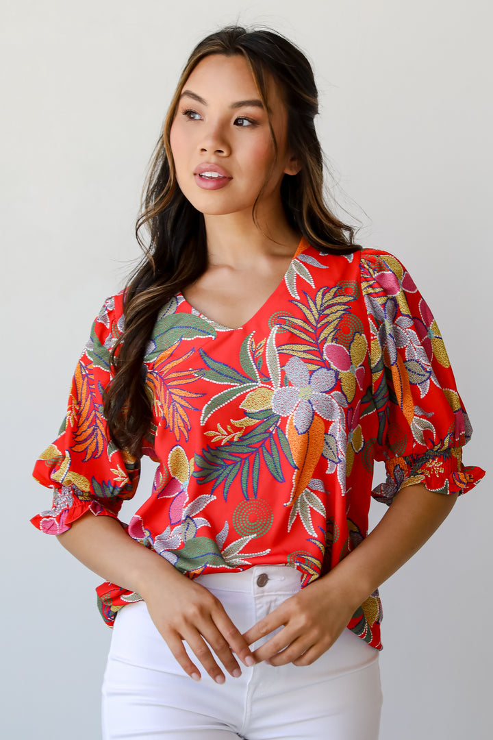 womens Red Floral Blouse