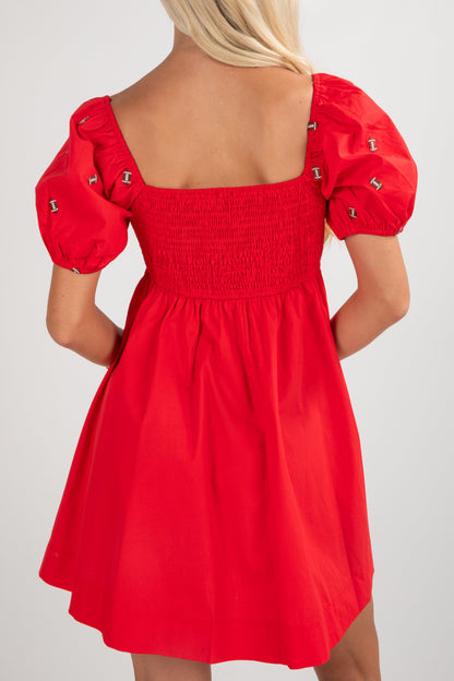 Red dress with puff sleeves on a white background