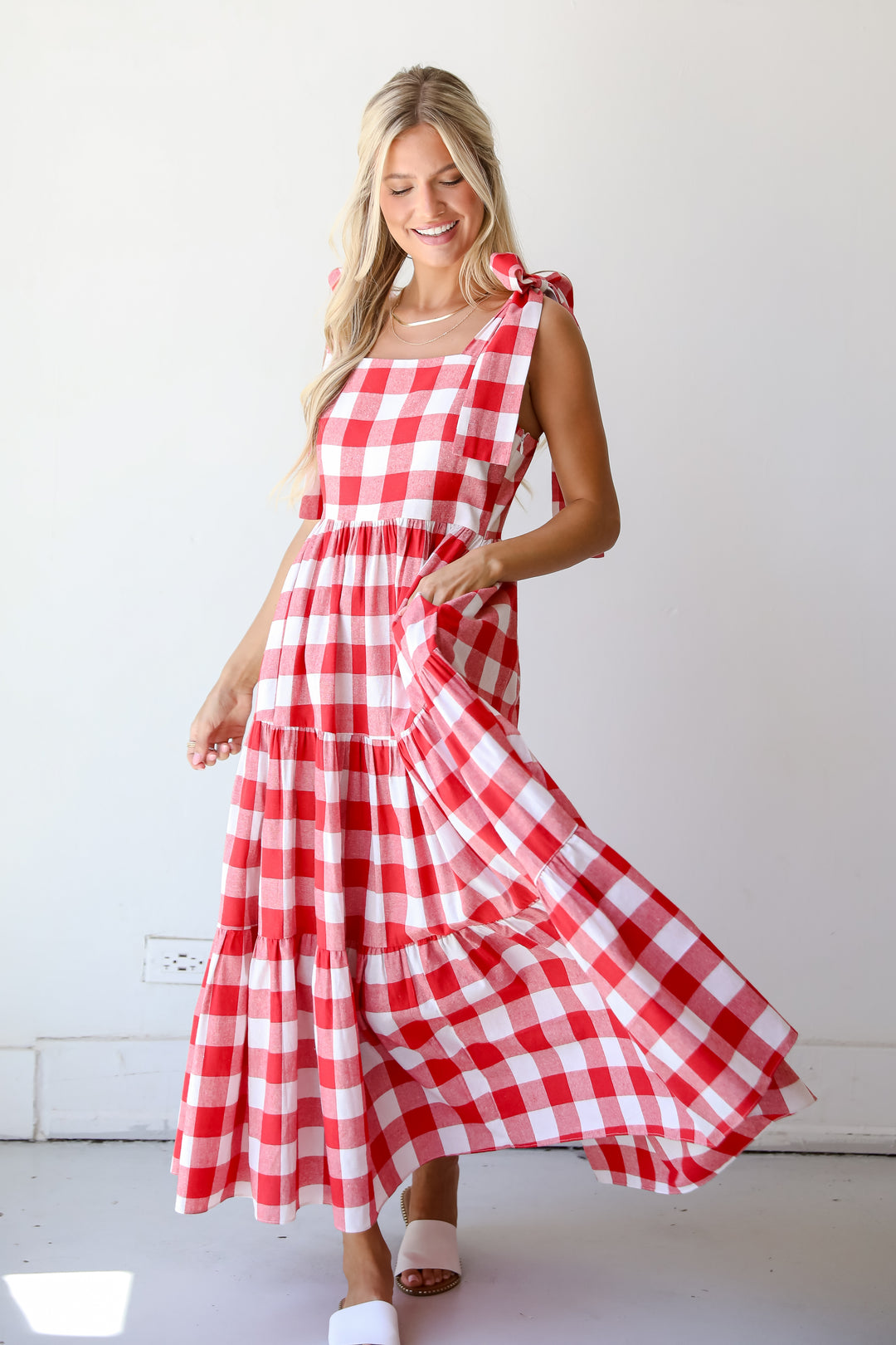 Red Gingham Tiered Maxi Dress