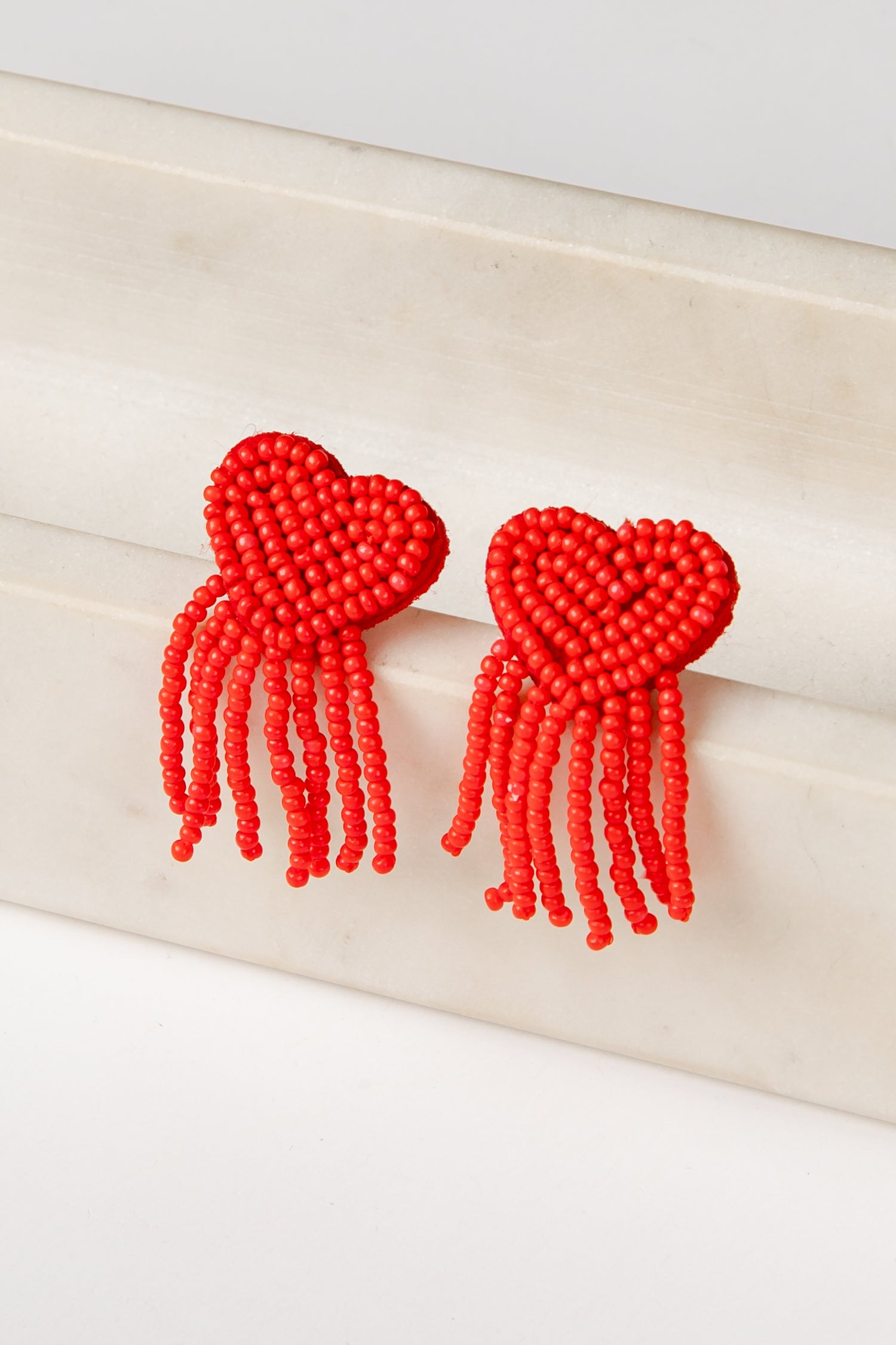 Elara Beaded Red Heart Fringe Earrings