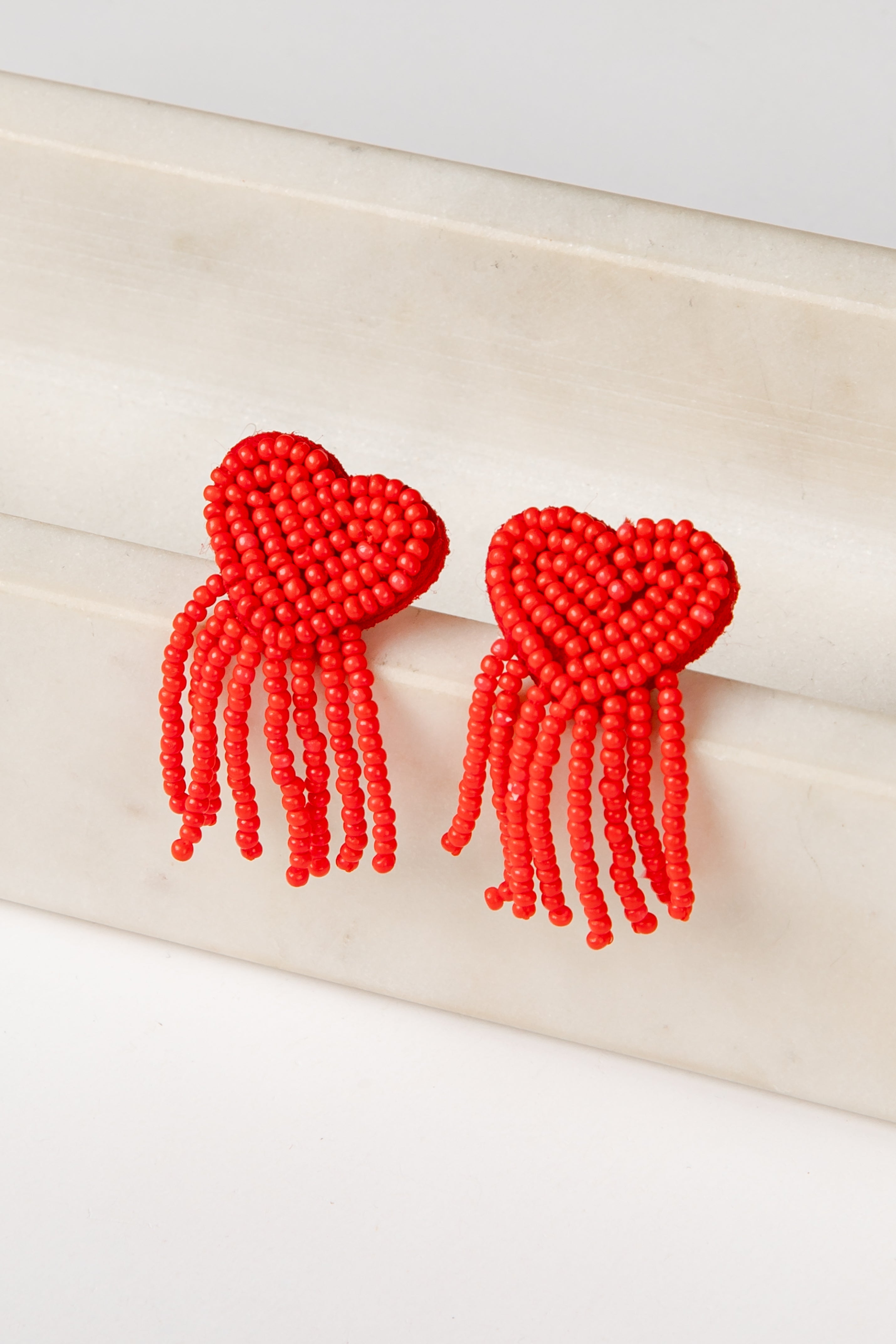 Elara Beaded Red Heart Fringe Earrings