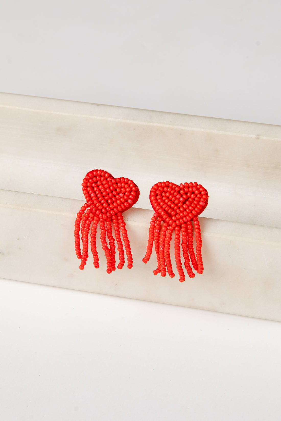 Elara Beaded Red Heart Fringe Earrings