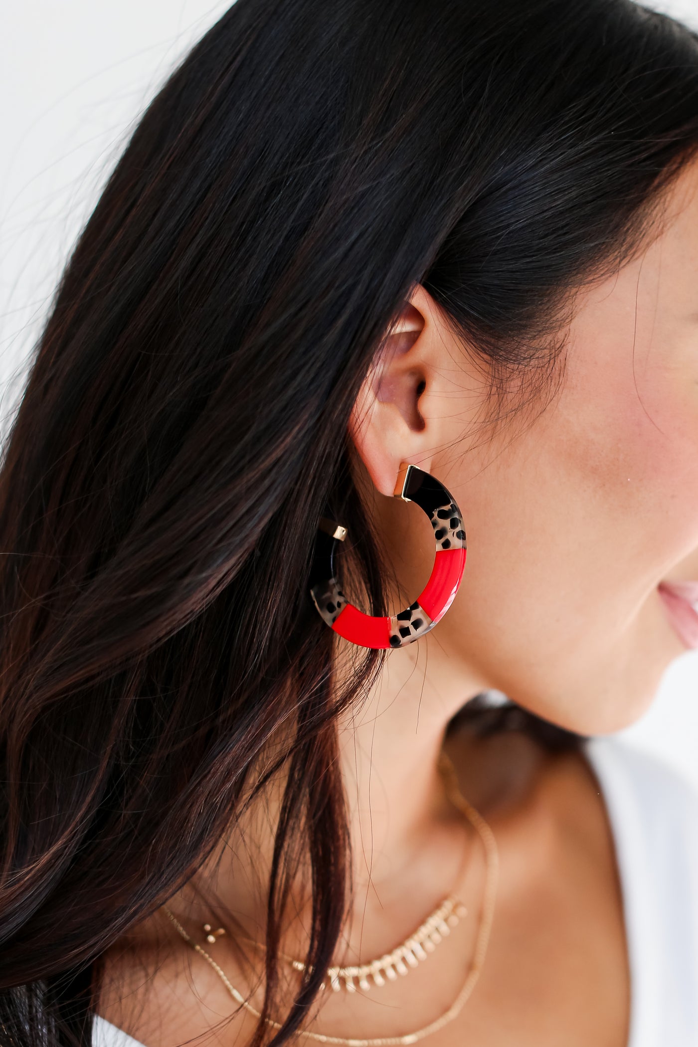 Red + Black Color Block Hoop Earrings on dress up model