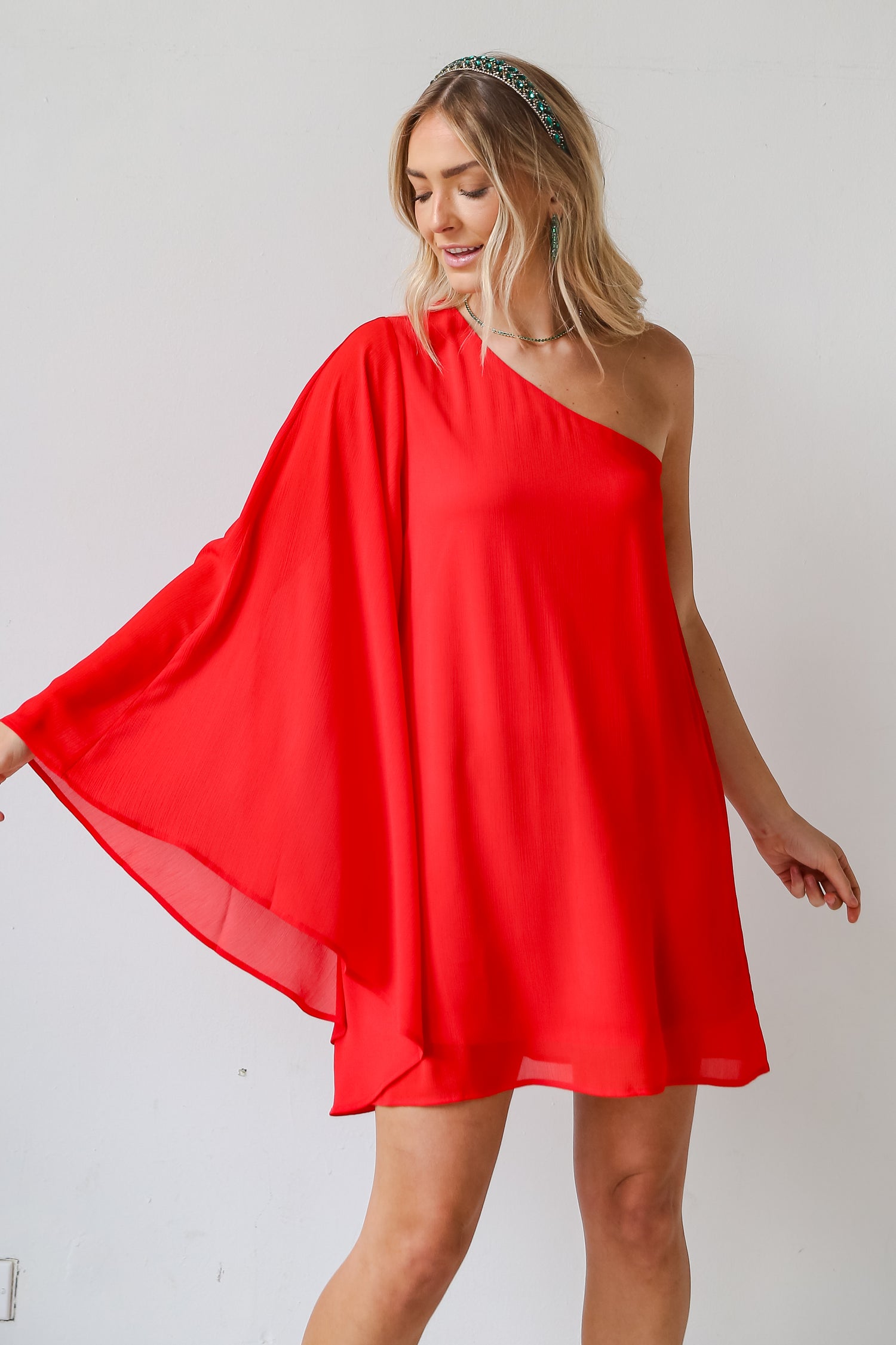 Red One-Shoulder Mini Dress front view