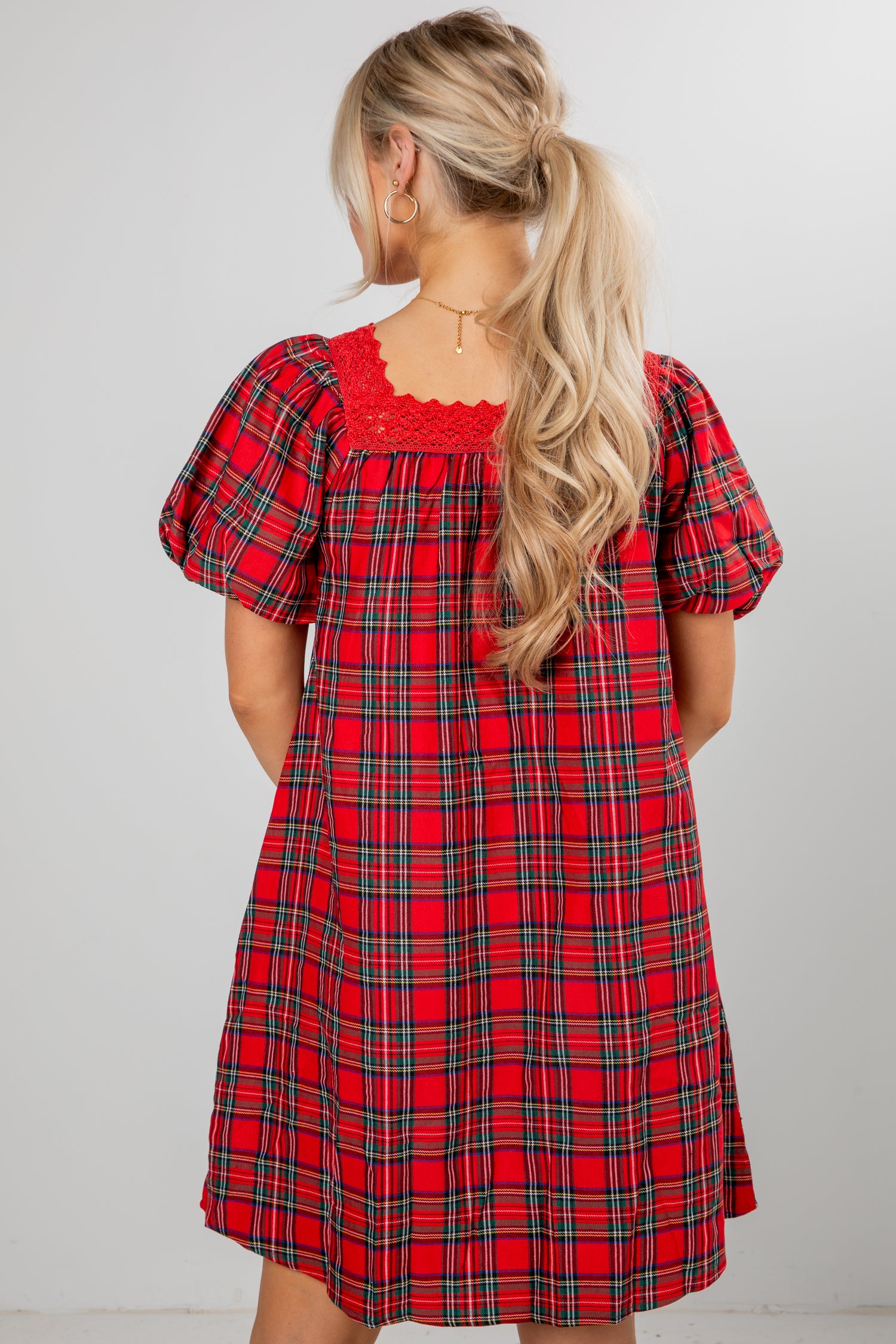 Red plaid dress worn by a person with a plain background