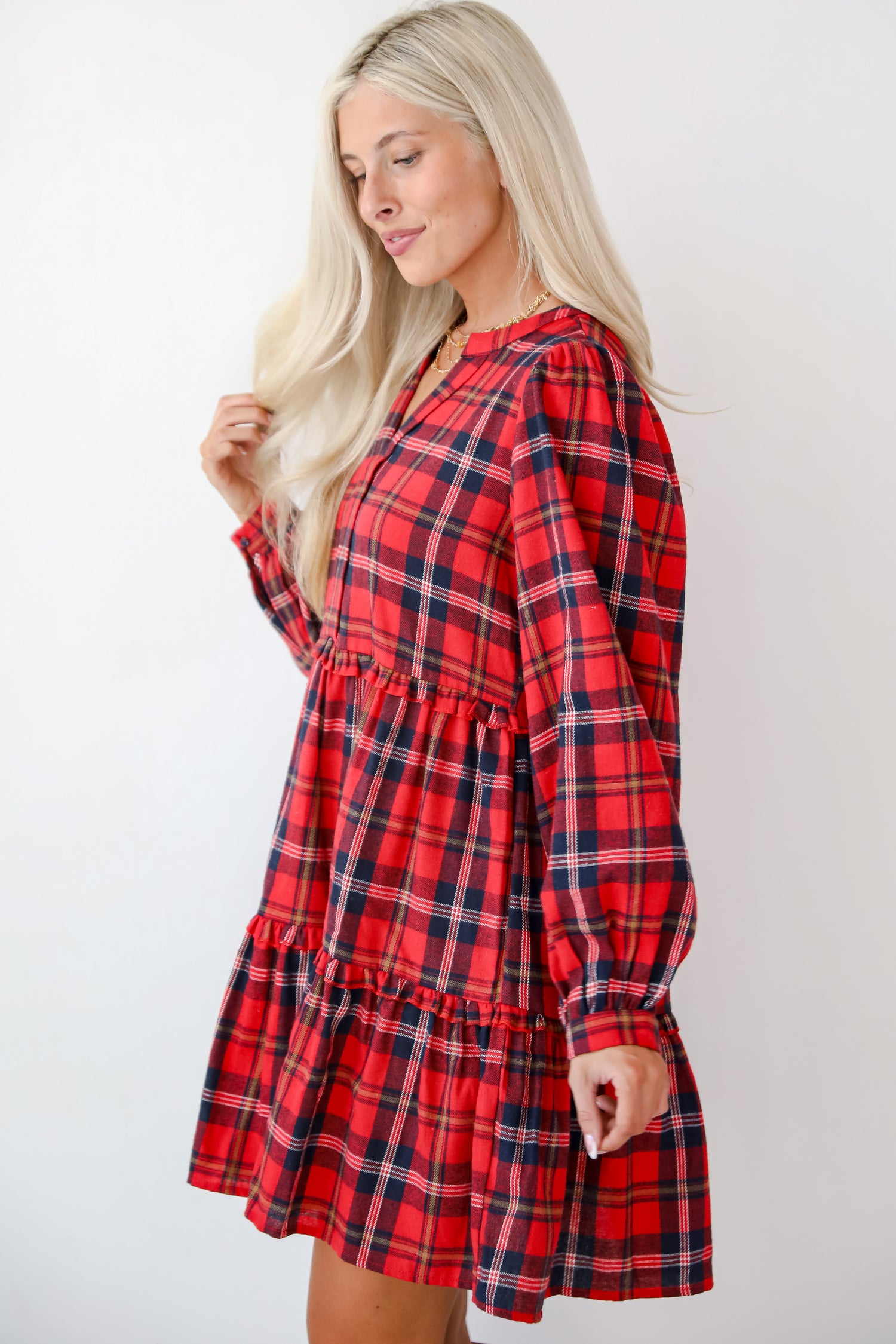 Adorably Demure Red Plaid Tiered Mini Dress