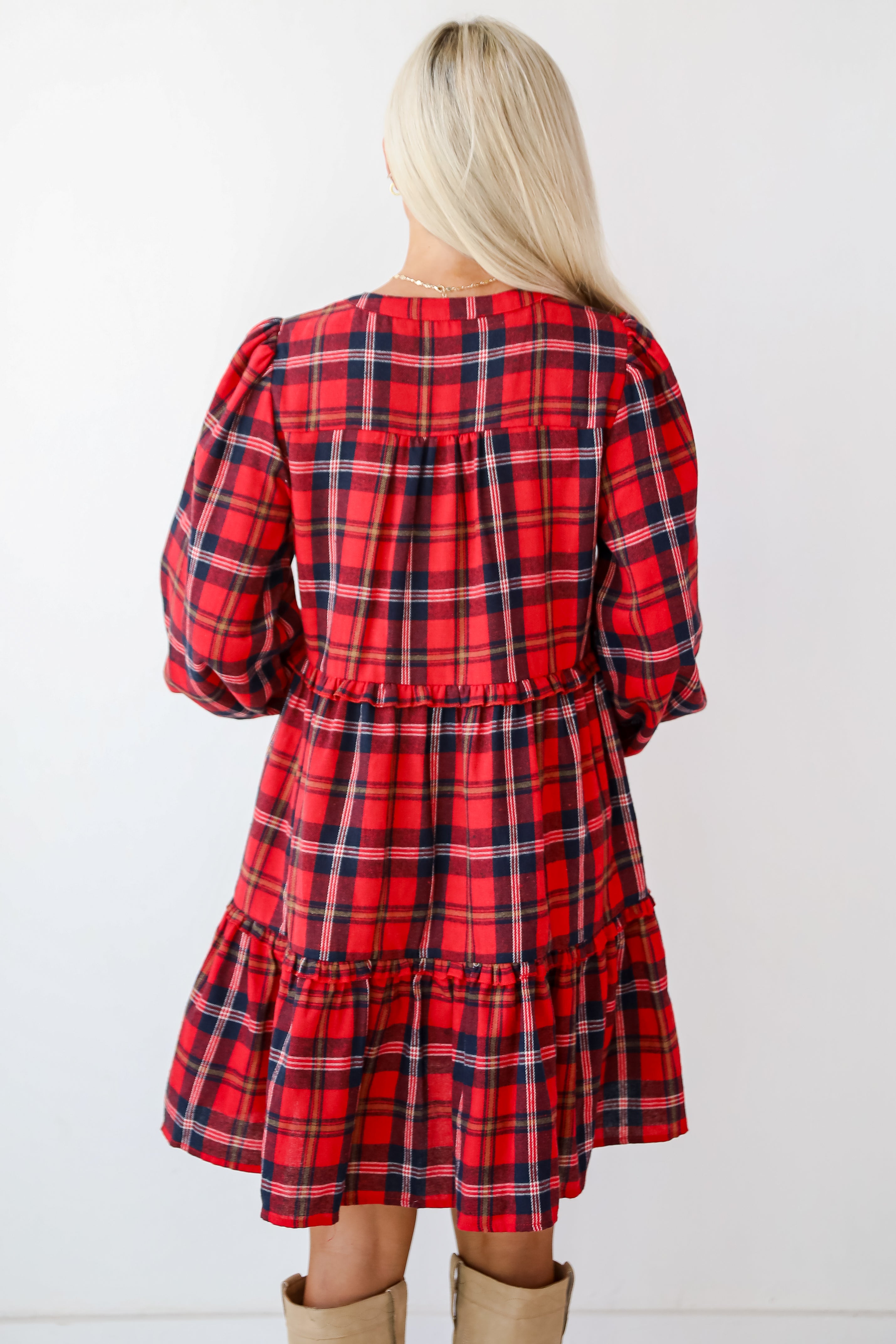 Adorably Demure Red Plaid Tiered Mini Dress