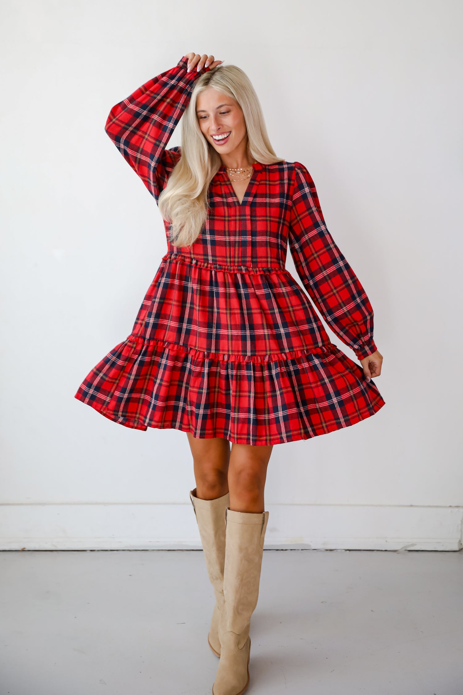 Adorably Demure Red Plaid Tiered Mini Dress