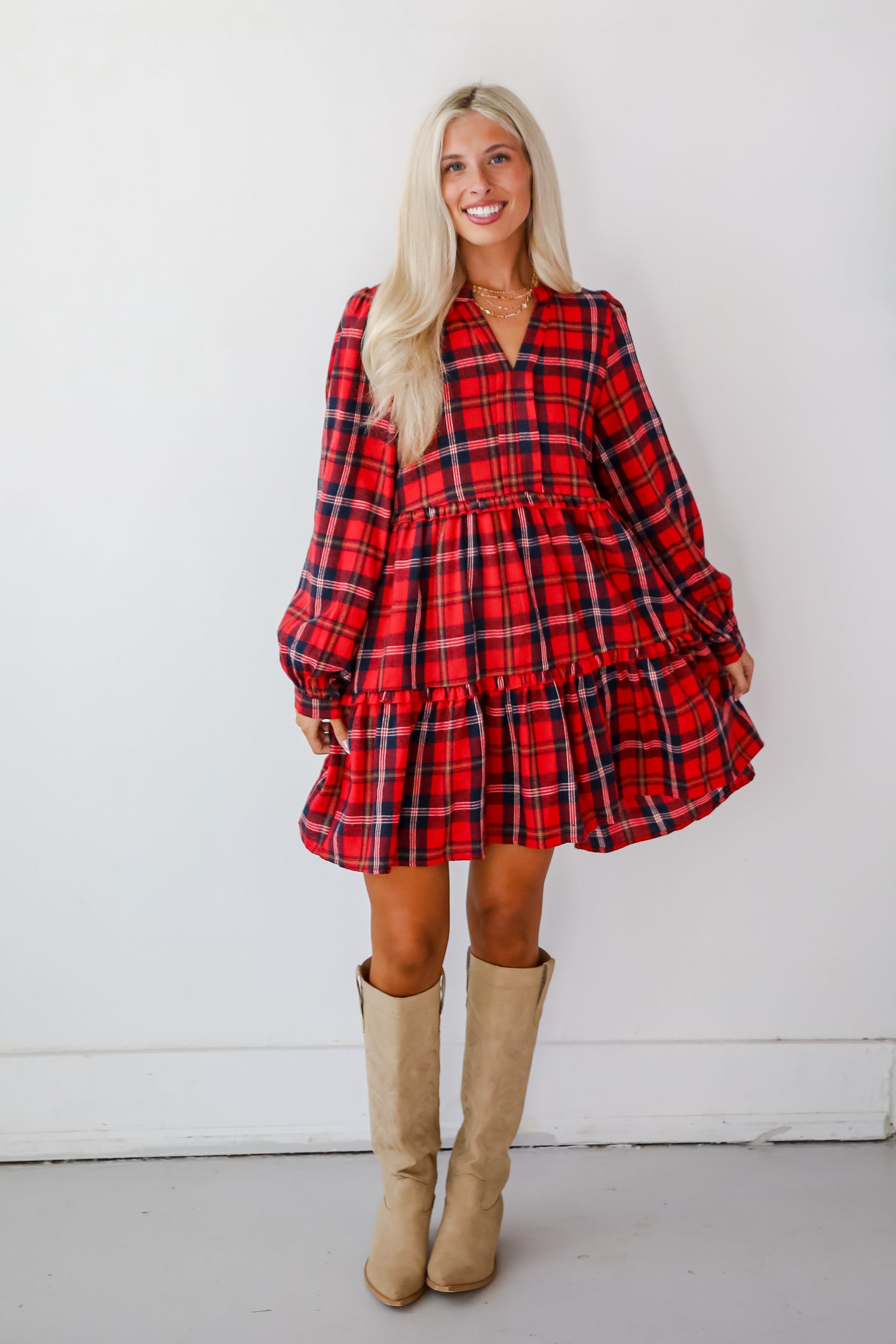 Adorably Demure Red Plaid Tiered Mini Dress