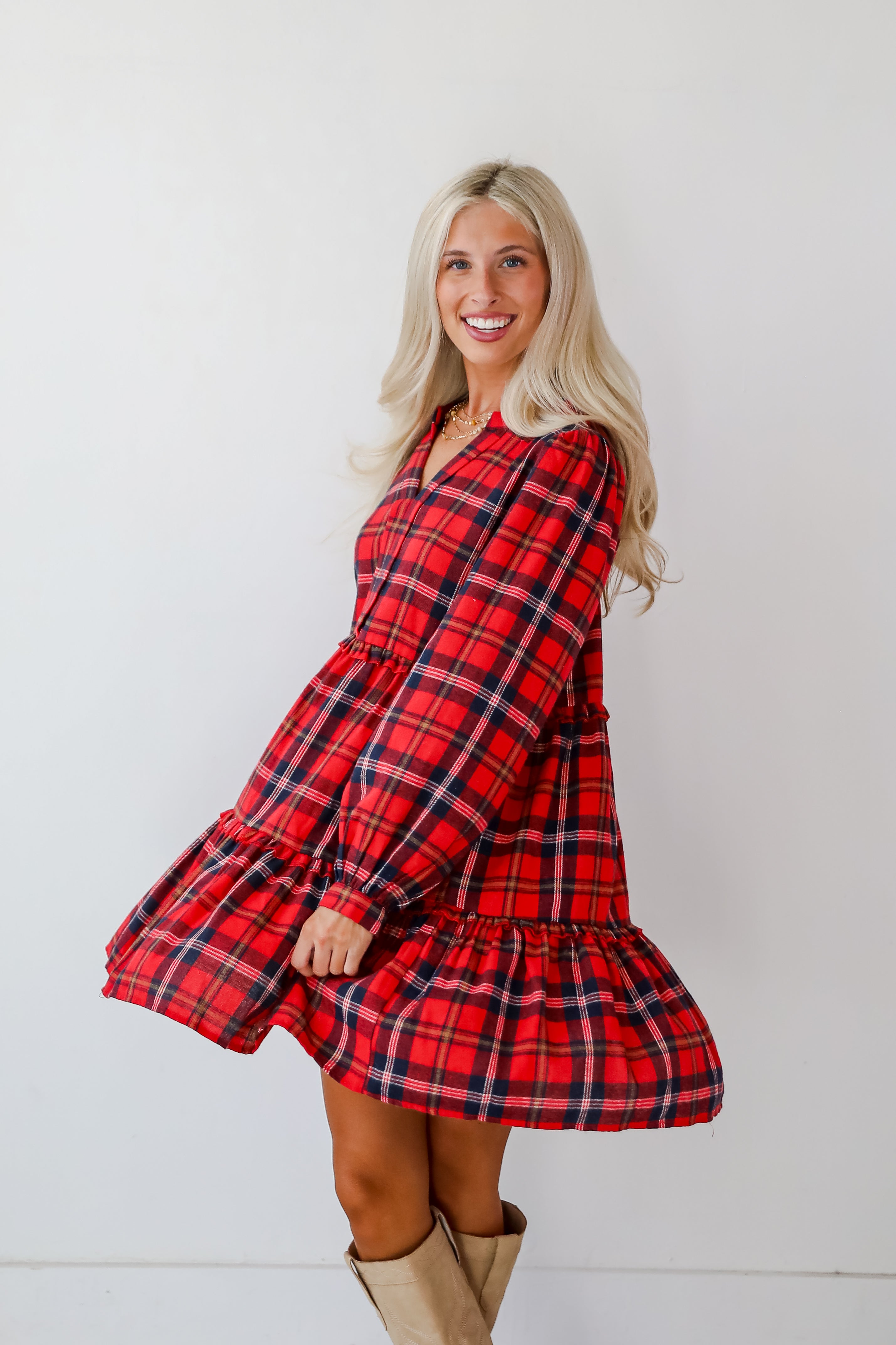 Adorably Demure Red Plaid Tiered Mini Dress