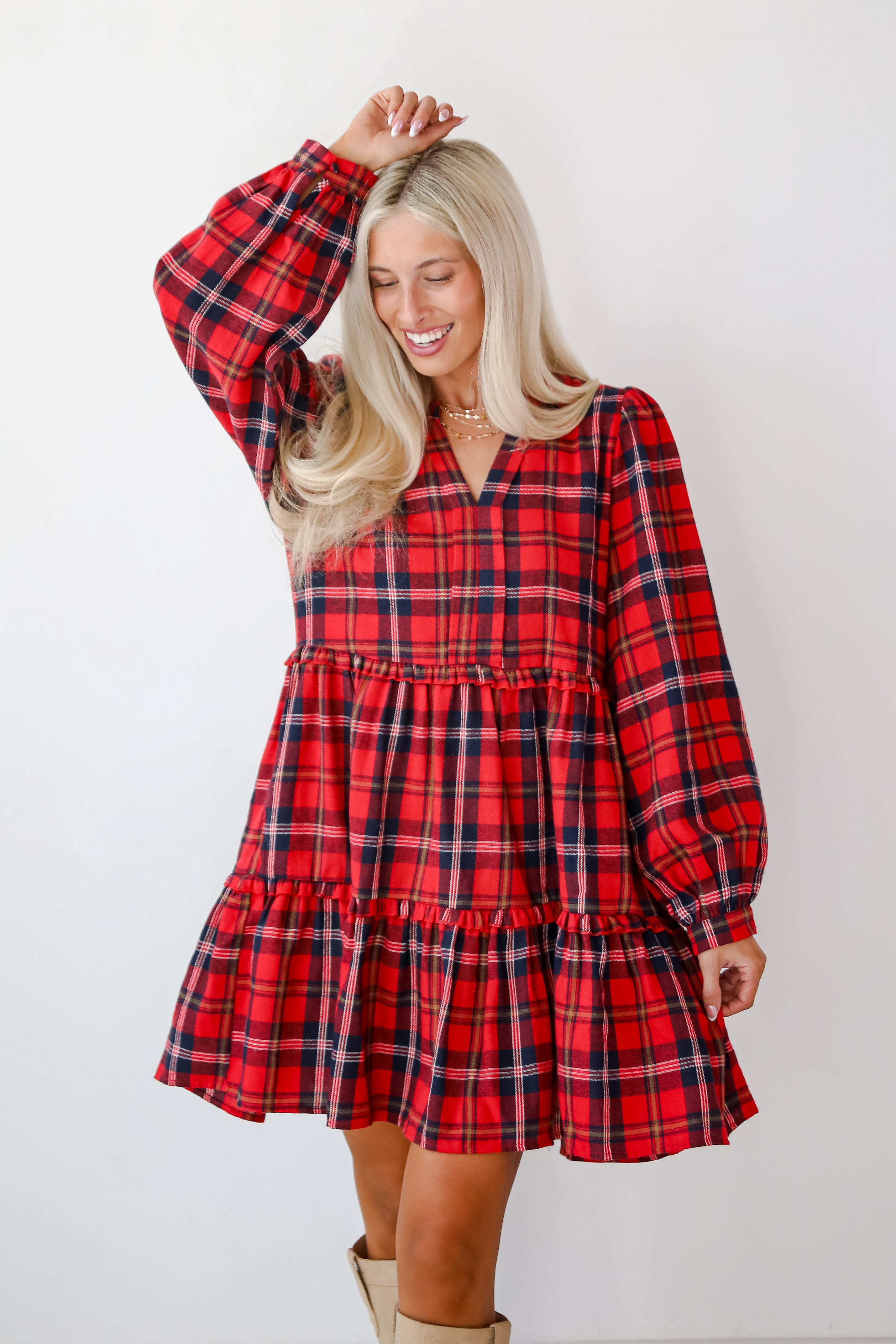 Adorably Demure Red Plaid Tiered Mini Dress