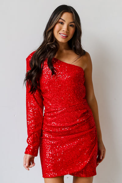 Red Sequin One-Shoulder Mini Dress front view