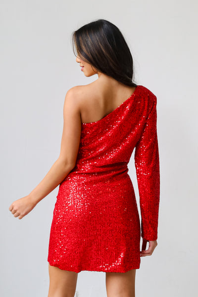 Red Sequin One-Shoulder Mini Dress back view