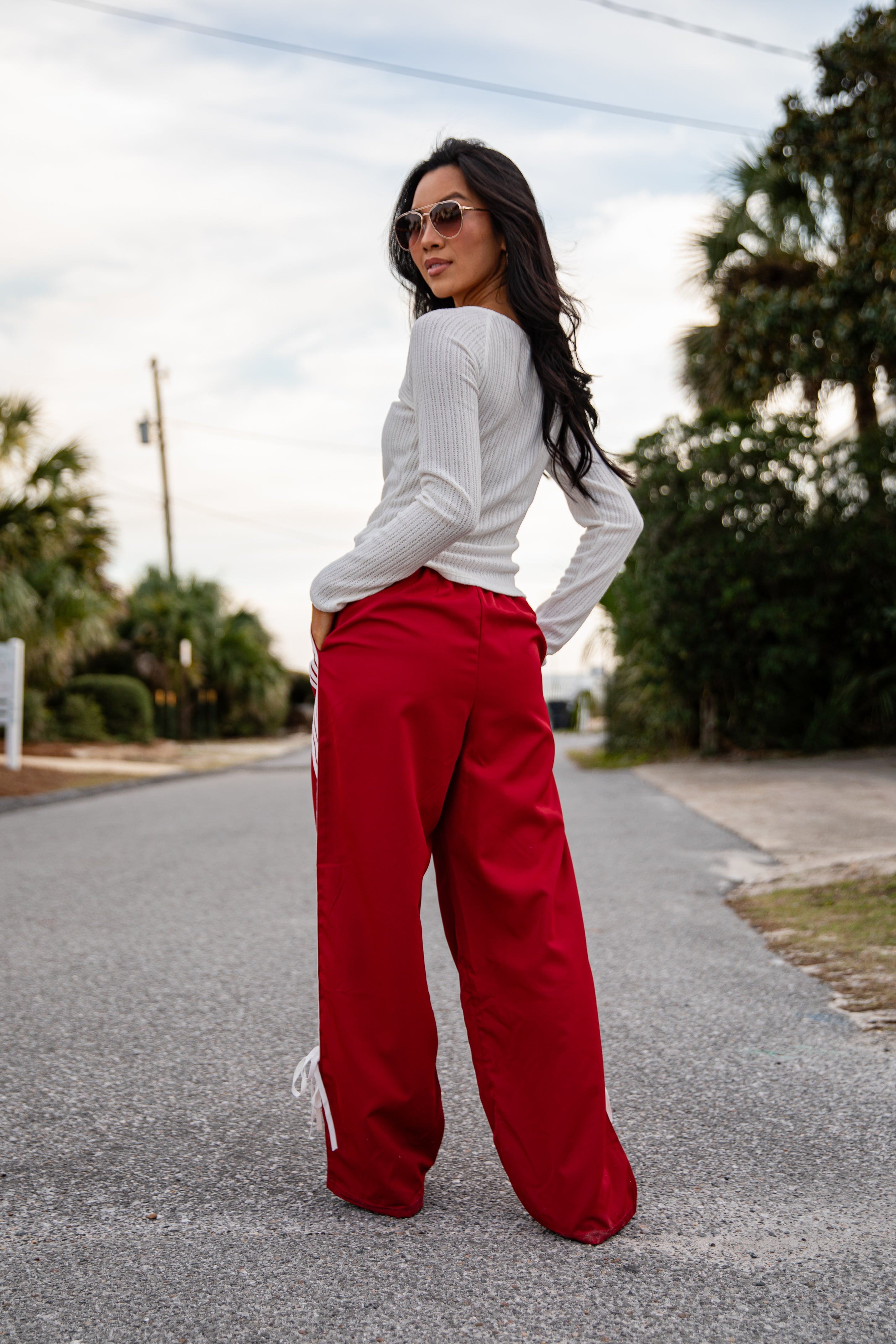 Tied to Perfection Red Side-Stripe Track Pants