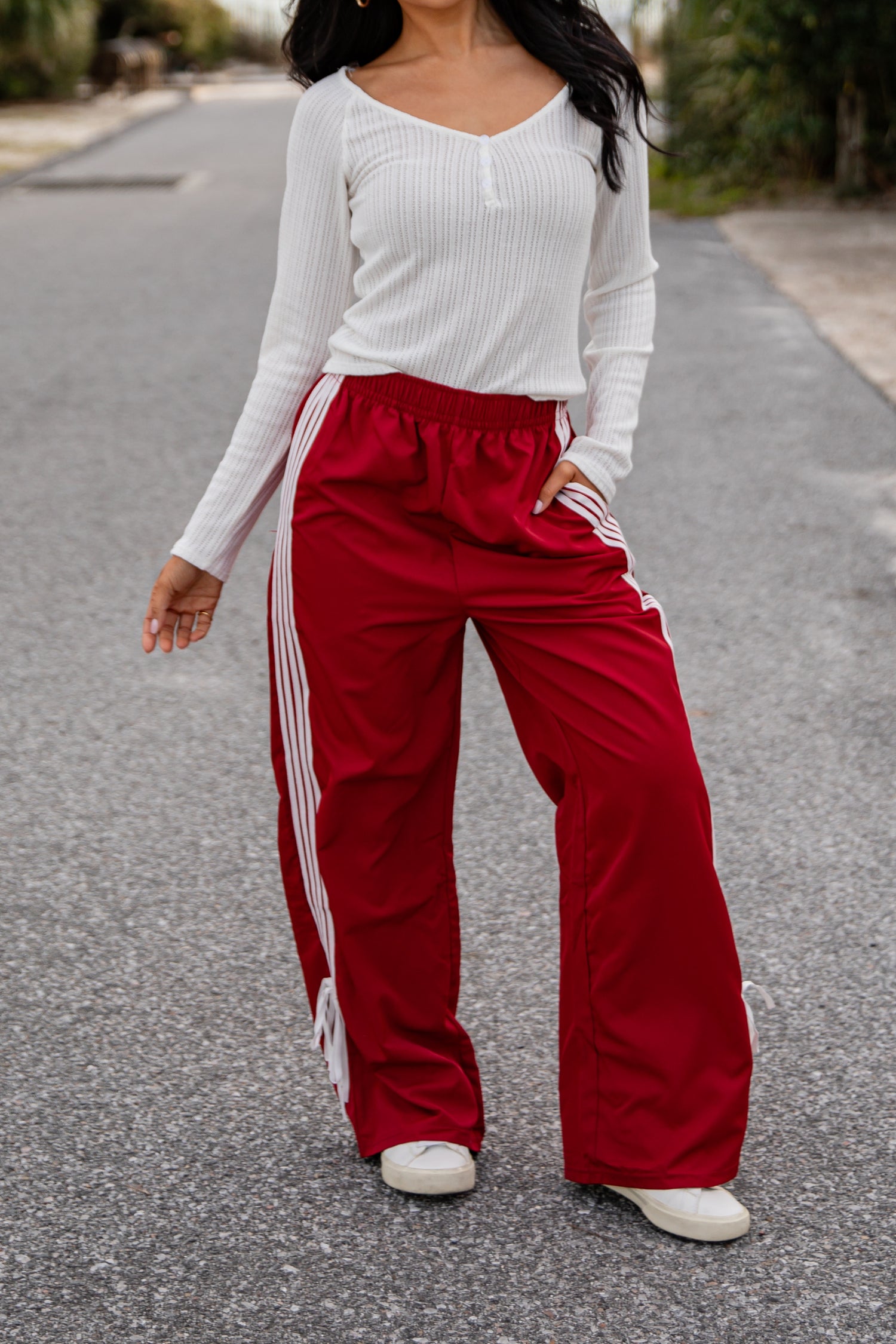 Tied to Perfection Red Side-Stripe Track Pants