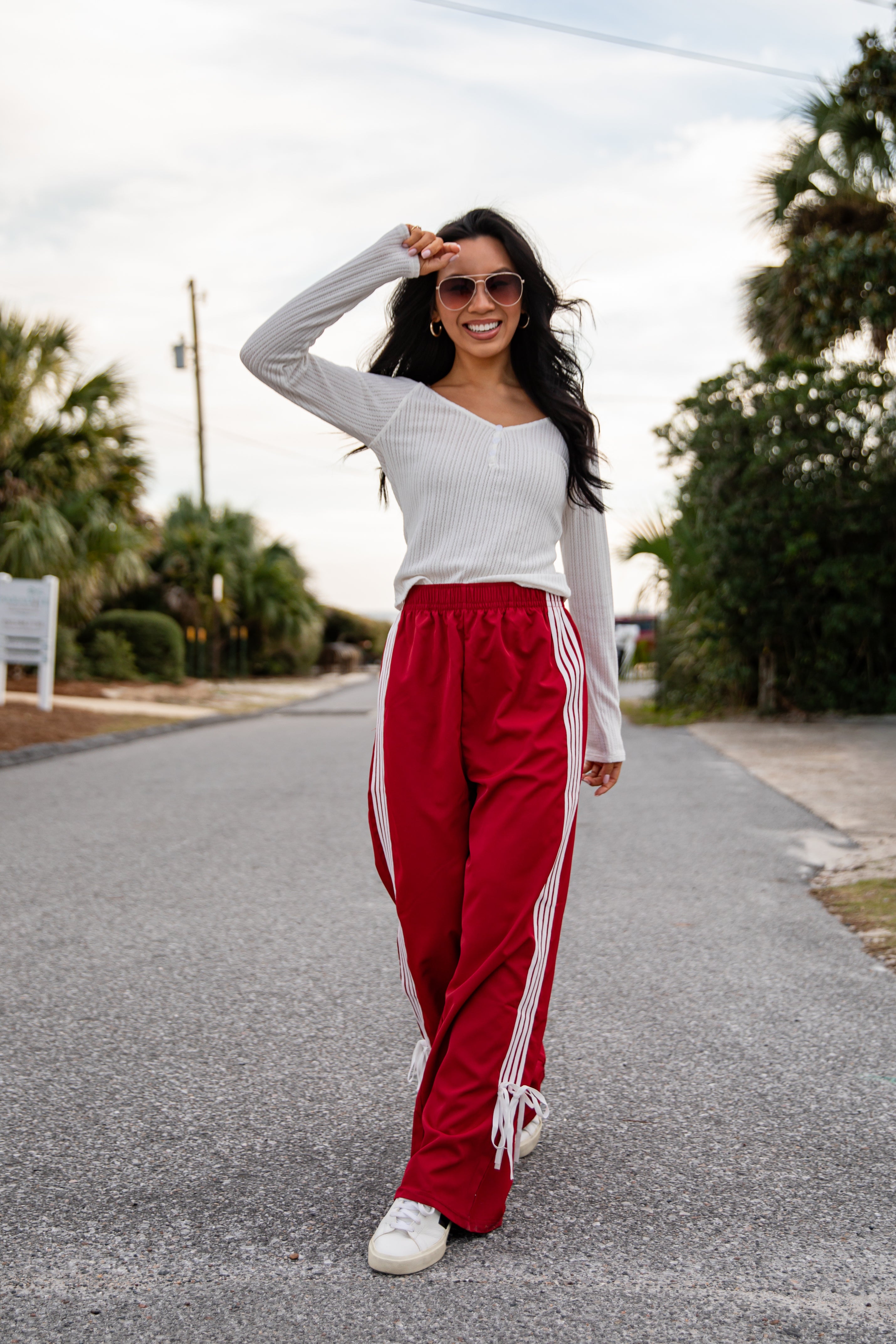 Tied to Perfection Red Side-Stripe Track Pants