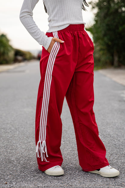 Tied to Perfection Red Side-Stripe Track Pants